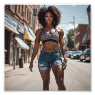 Female Bodybuilder Afro Girl Denim Shorts Street Photo Print
