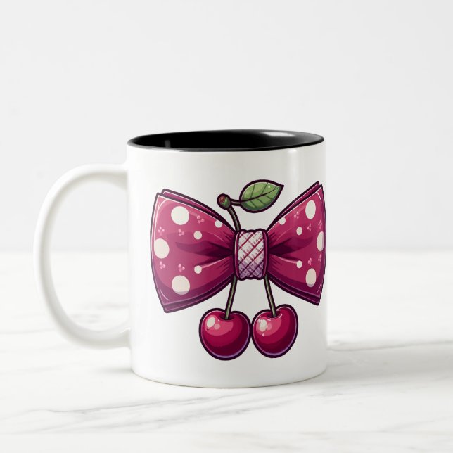 Female Bow Hair cherry Fruit ribbonMug Two-Tone Coffee Mug (Left)