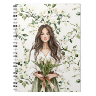 Female Brown Hair White Flowers Tulips Notebook