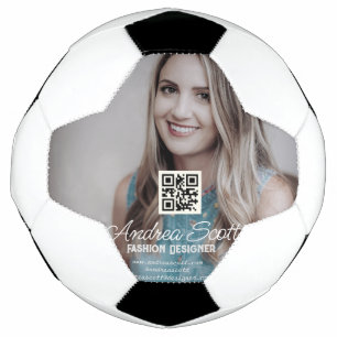 Female business boss add photo name q r code text football