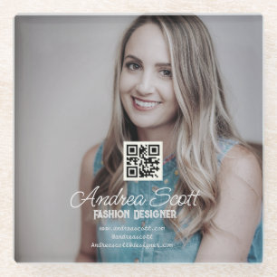 Female business boss add photo name q r code text glass coaster