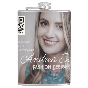 Female business boss add photo name q r code text hip flask