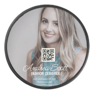 Female business boss add photo name q r code text hockey puck
