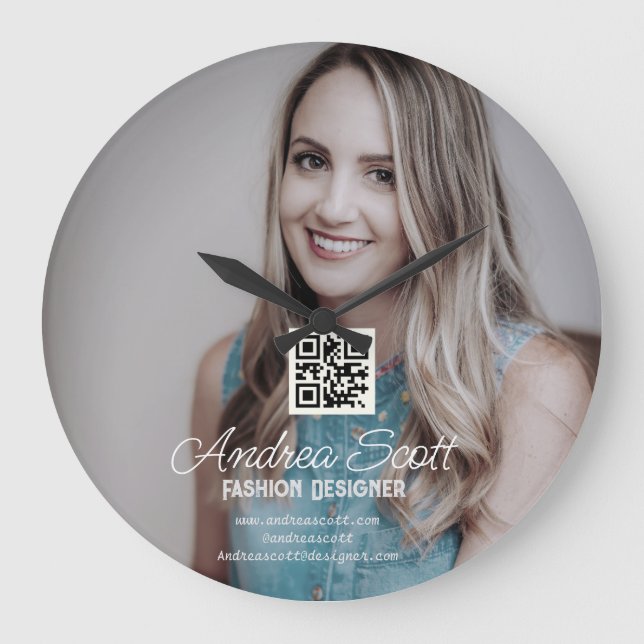 Female business boss add photo name q r code text large clock (Front)