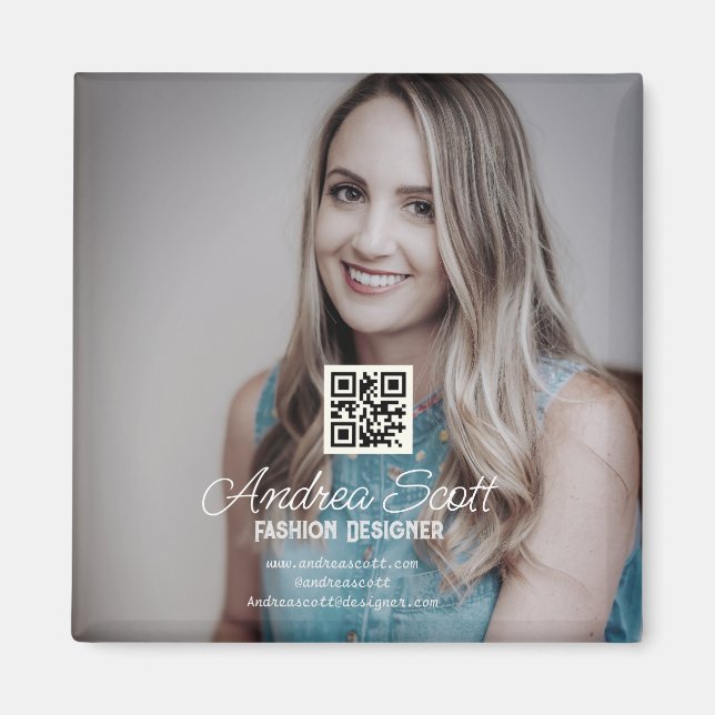 Female business boss add photo name q r code text magnet (Front)