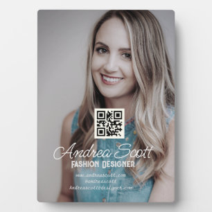 Female business boss add photo name q r code text plaque