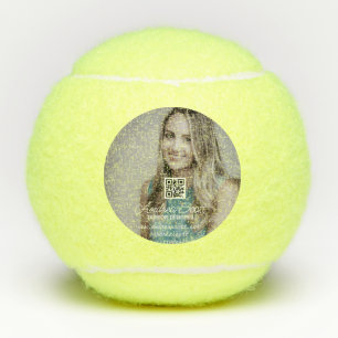 Female business boss add photo name q r code text tennis balls