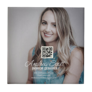 Female business boss add photo name q r code text tile