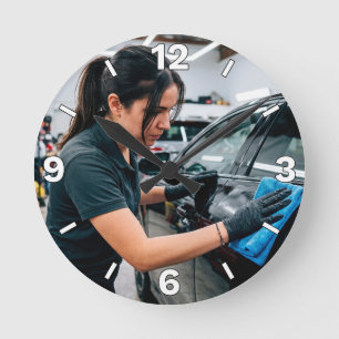 Female Car Detailer Wiping Car Garage Decor Round Clock
