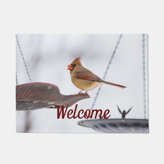 Female Cardinal Lunch Time Welcome Doormat (Front)