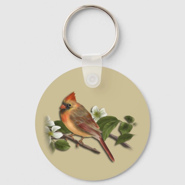 Female Cardinal on Dogwood Keychain (Front)