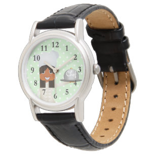 Female Chef Women's Black Leather Strap Watch