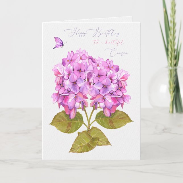 Female Cousin Birthday Hydrangeas and Butterfly Card (Front)