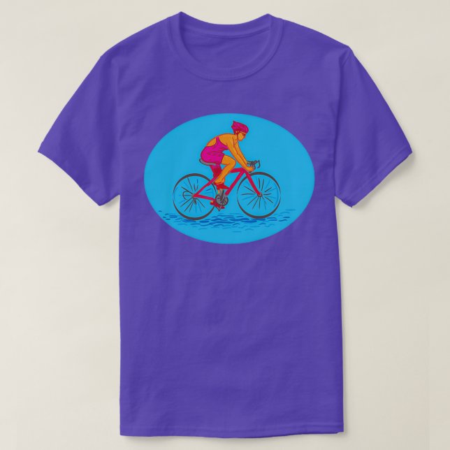 Female Cyclist Riding Bike Drawing T-Shirt (Design Front)