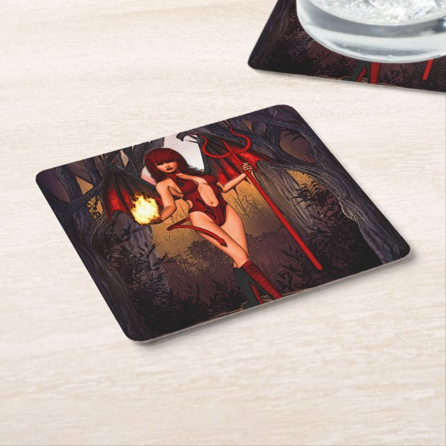 Female Devil In Red Square Paper Coaster (Angled)