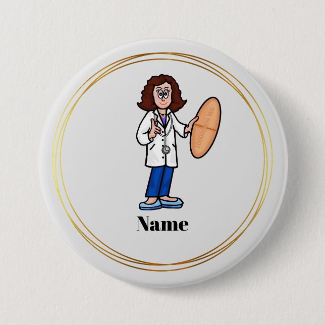 Female Doctor with Big Pill Name Button (Front)