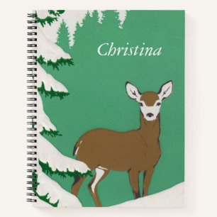 Female Doe Deer White Face in Snow Pine Tree Notebook