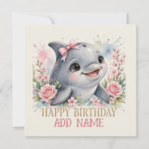 Female DOLPHIN: Baby Animal Pastel bow & Flowers Card