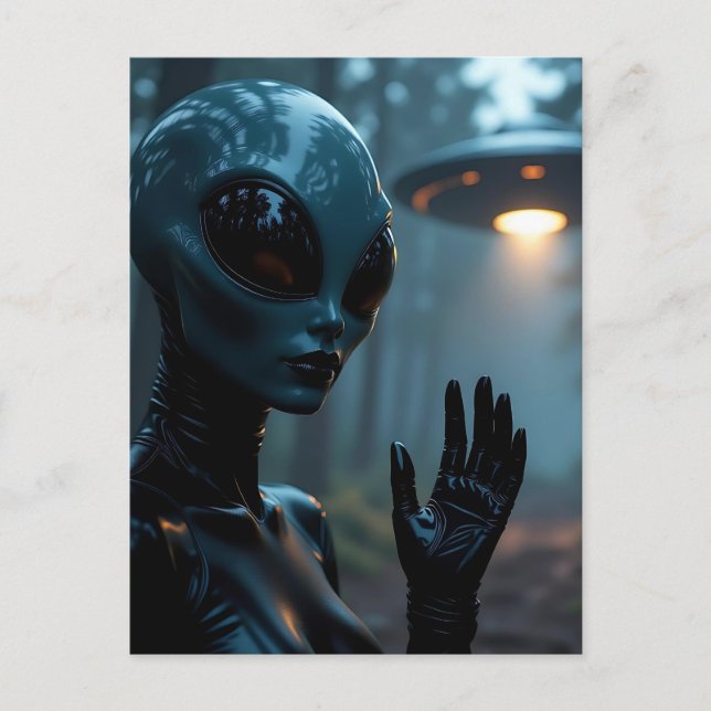 Female Extraterrestrial Alien and UFO Postcard (Front)