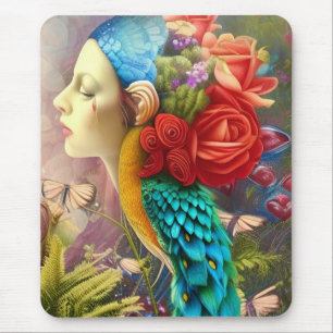 Female face with floral n peacock feathers mouse mat
