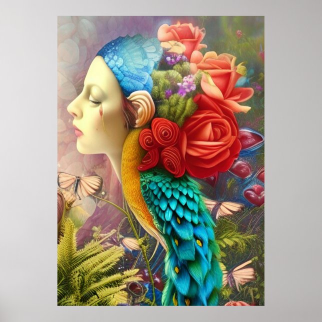 Female face with floral n peacock feathers   poster (Front)