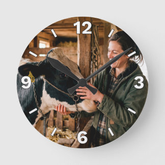 Female Farmer Petting Cow Rustic Barn Decor Round Clock