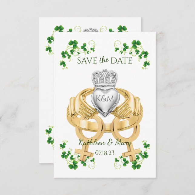 Female Female Irish Claddagh Ring and Shamrocks Save The Date (Front/Back)