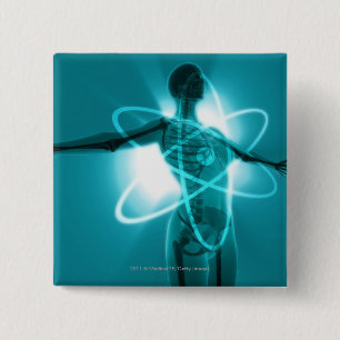 Female figure with an overlay of an atomic symbol 15 cm square badge