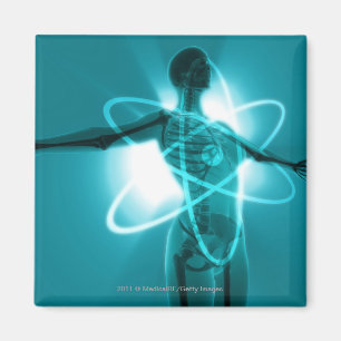 Female figure with an overlay of an atomic symbol magnet