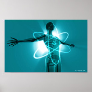 Female figure with an overlay of an atomic symbol poster