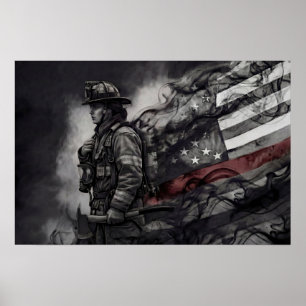 Female Firefighter Red Line American Flag Tribute Poster