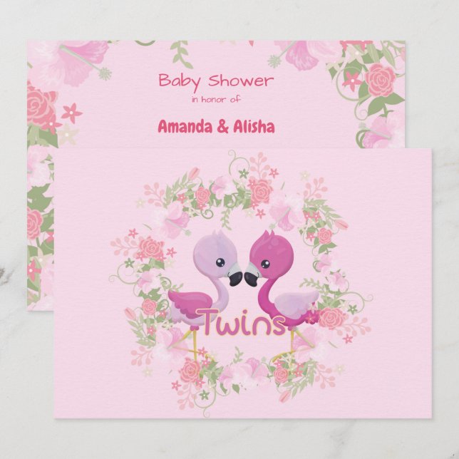Female Flamingo Twins Baby Shower Invitation (Front/Back)