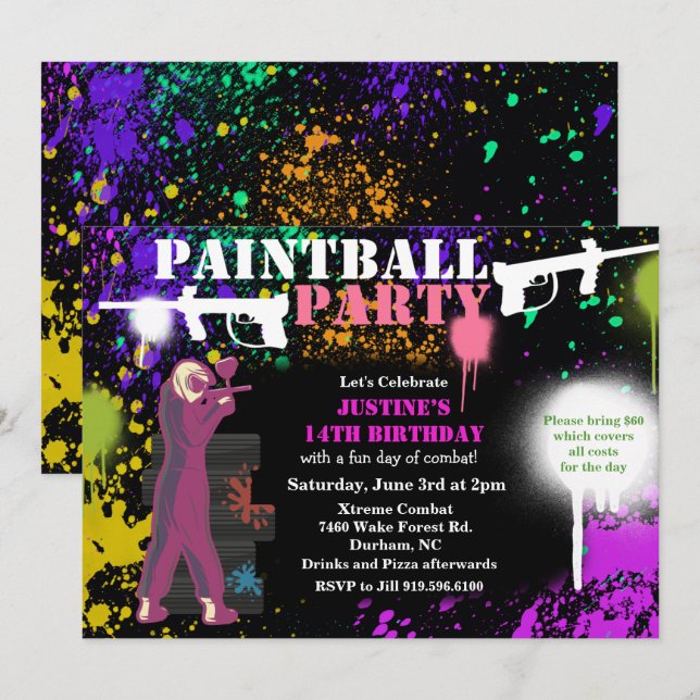 Female Girl Paintball Birthday Invitation (Front/Back)