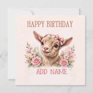 Female Goat: Baby Animal Pastel bow & Flowers  Card