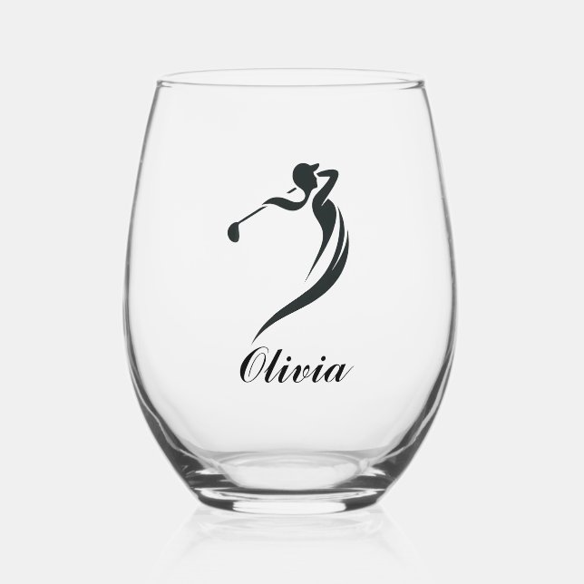 Female Golfer Personalised Stemless Wine Glass (Front)