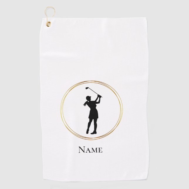 Female Golfer Silhouette Personalised Golf Towel (Front)