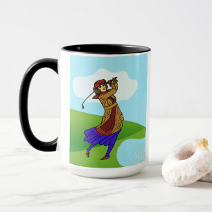 Female Golfers: 1 Preparing to Tee Off & 1 Driving Mug
