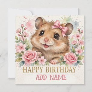 Female Hamster: Baby Animal Pastel bow & Flowers Card
