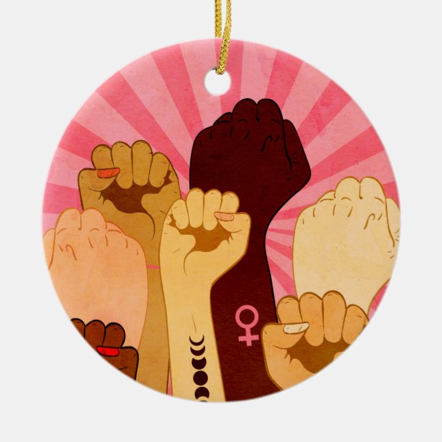 Female hands with fist raised up ceramic tree decoration (Front)