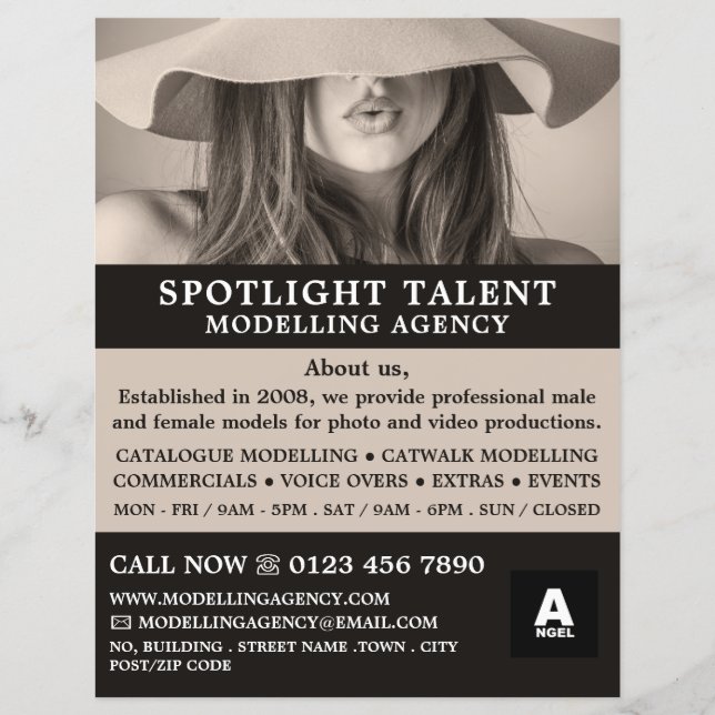 Female Hat Model, Modelling Agency, Model Agent Flyer (Front)