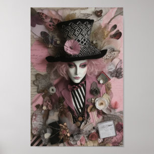 Female Hatter Pink Mixed Media Collage Poster