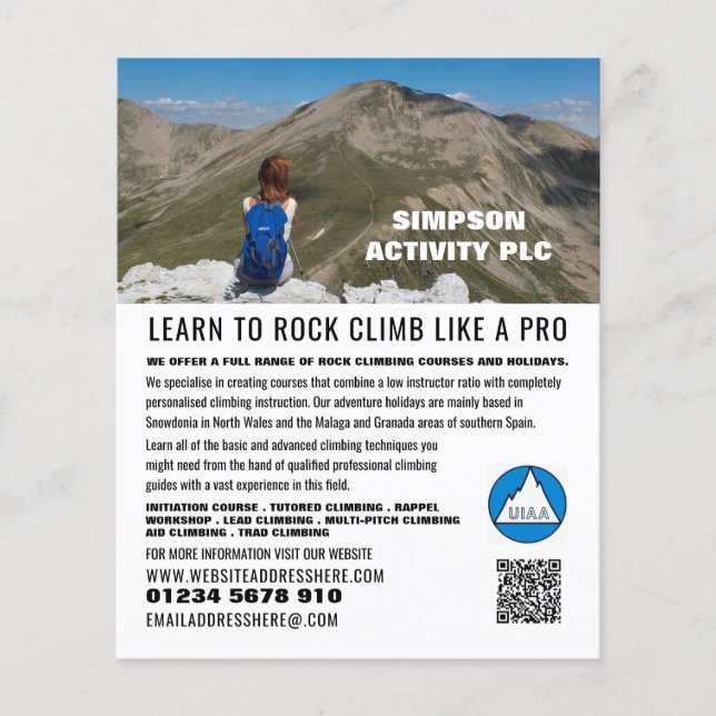 Female Hiker, Hiking and Climbing Advert Flyer (Front)