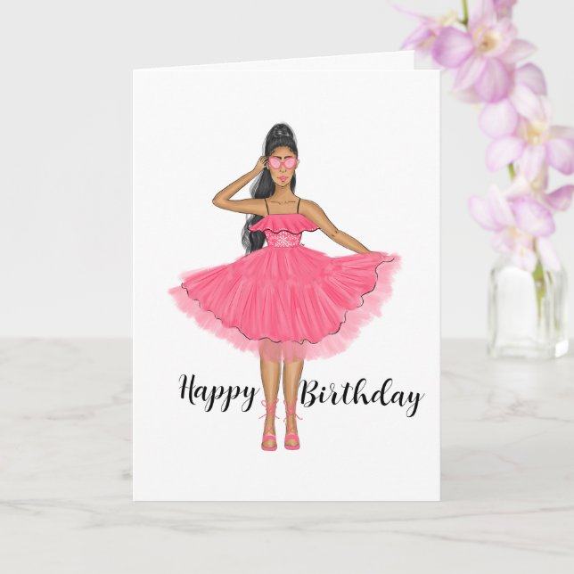 Female in Pink Dress and Sunglasses Happy Birthday Card (Orchid)