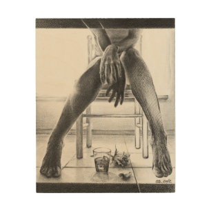 Female legs, glass and rose Pencil drawing Wood Wall Art