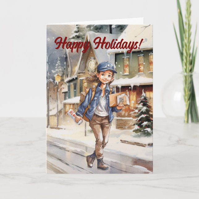 Female Letter Carrier Christmas Village Holiday Card (Front)