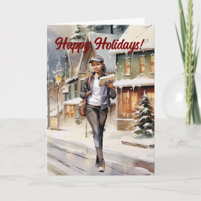 Female Mail Carrier Christmas Village Holiday Card (Front)