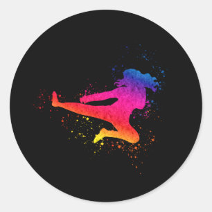 Female Martial Arts, High Kick, Paint Splash Classic Round Sticker