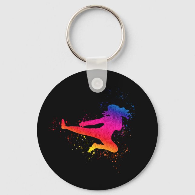 Female Martial Arts, High Kick, Paint Splash Key Ring (Front)