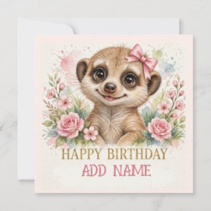 Female Meerkat: Baby Animal Pastel bow & Flowers Card