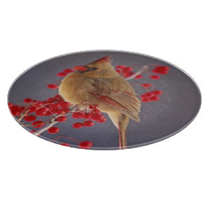 Female Northern Cardinal among hawthorn Cutting Board